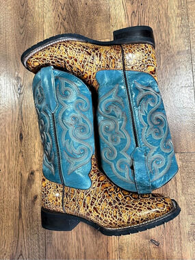 FERRINI 2032 Women’s US 9 Western Boots Blue Shaft Brown Croc Print